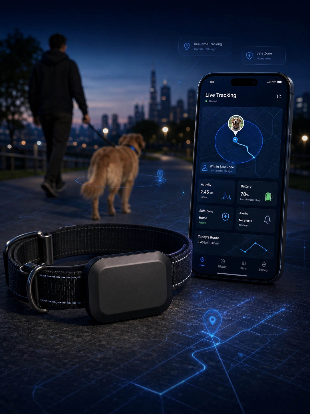 Collar-mounted tracking device represented with location and alert screens.