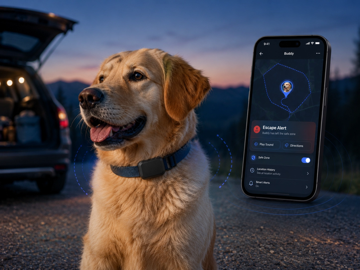 Dog wearing a GPS tracker beside a mobile app showing an escape alert outside the safe zone.