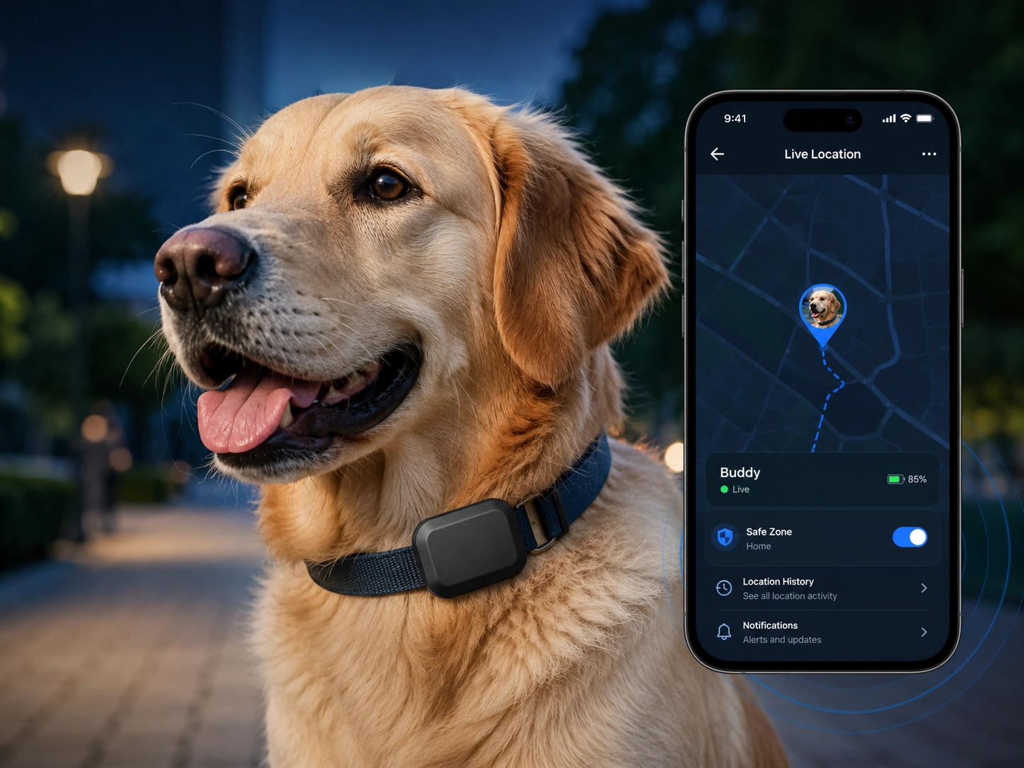 Dog wearing a GPS tracker beside a mobile app showing live location, safe-zone status and battery level.