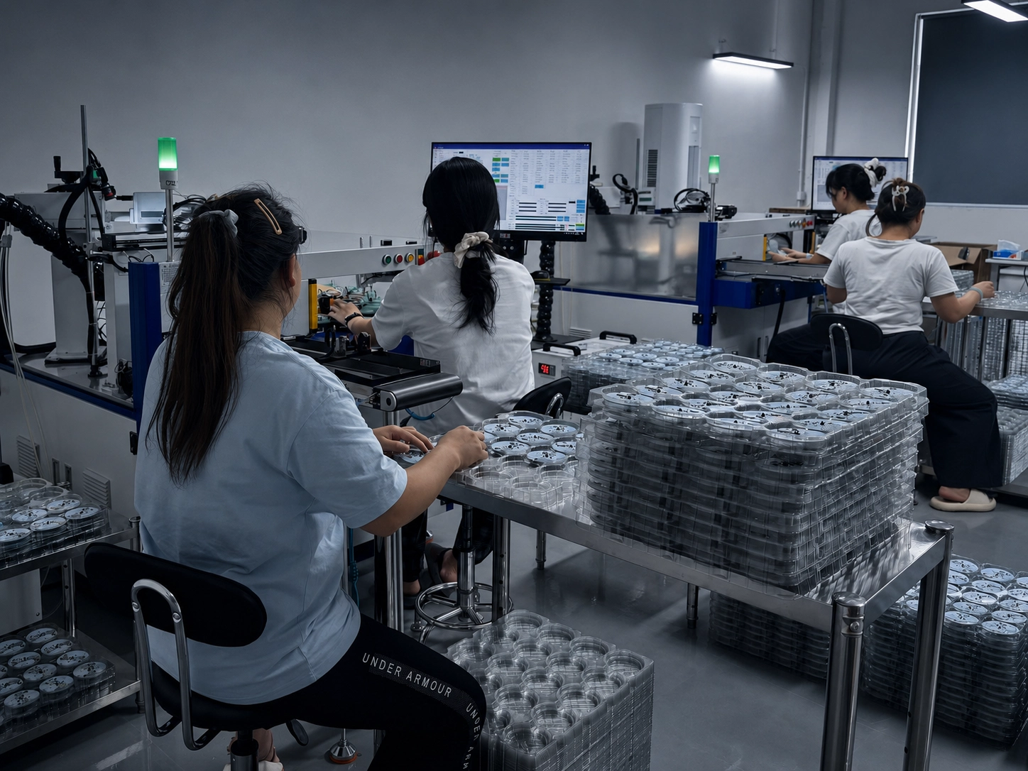 Programming and functional-test fixtures for a connected sensor configuration.