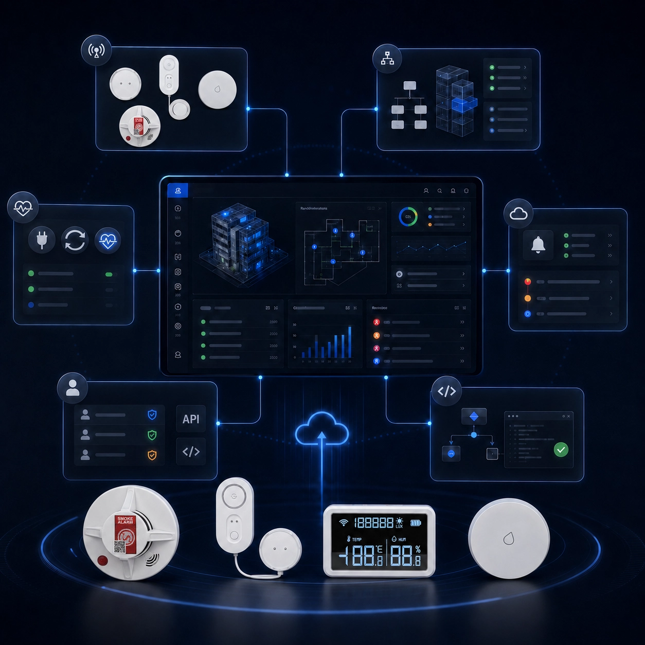 Monitoring dashboard showing connected sensor status and event panels.