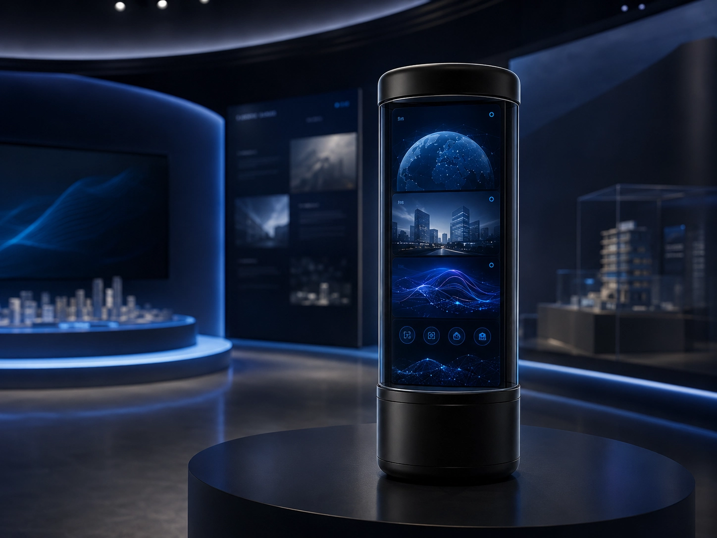Cylindrical interactive display showing digital city and data content in a technology exhibition.