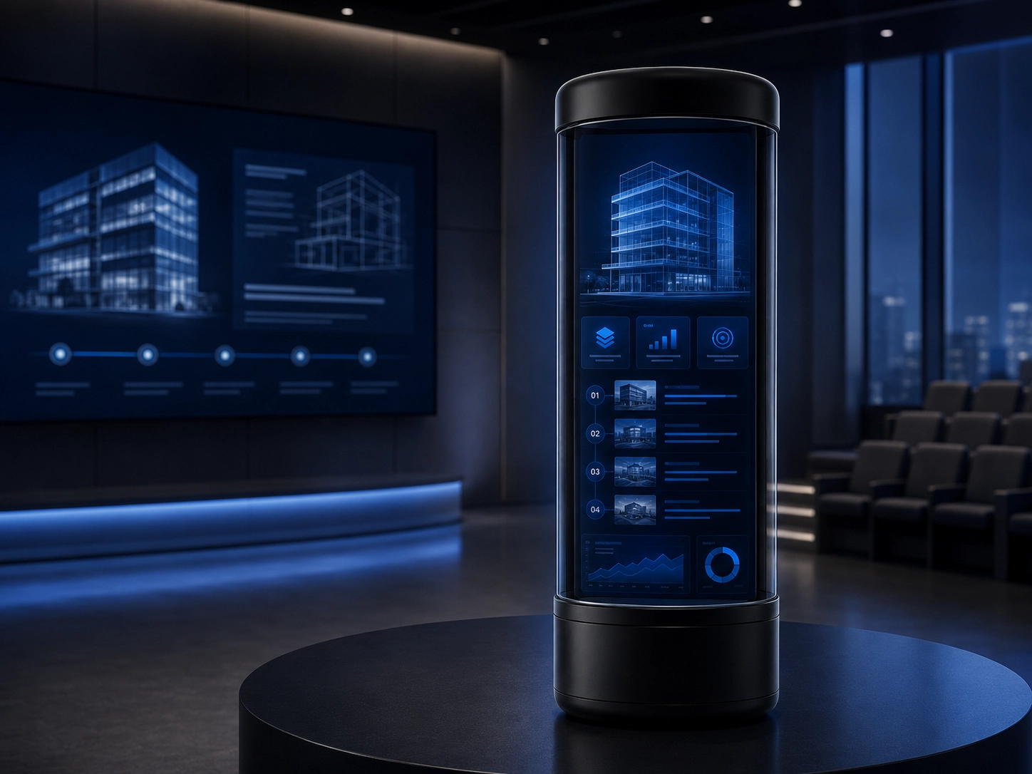 Cylindrical interactive display presenting a building model and project information.