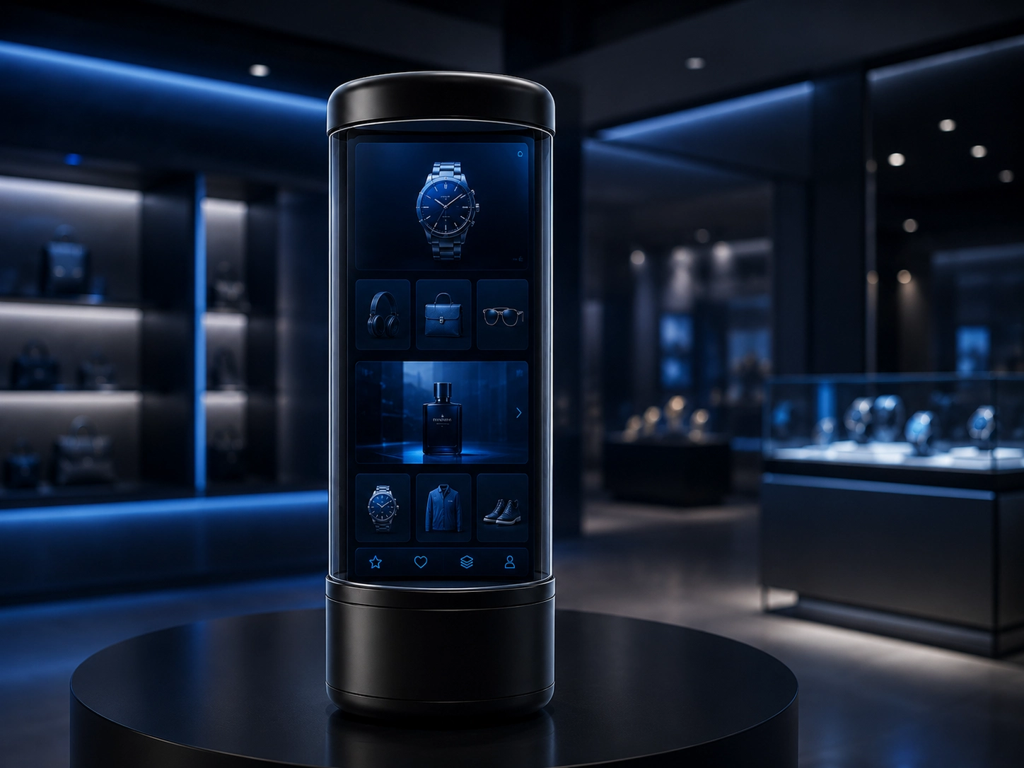 Cylindrical interactive display presenting watches, accessories and retail product content.