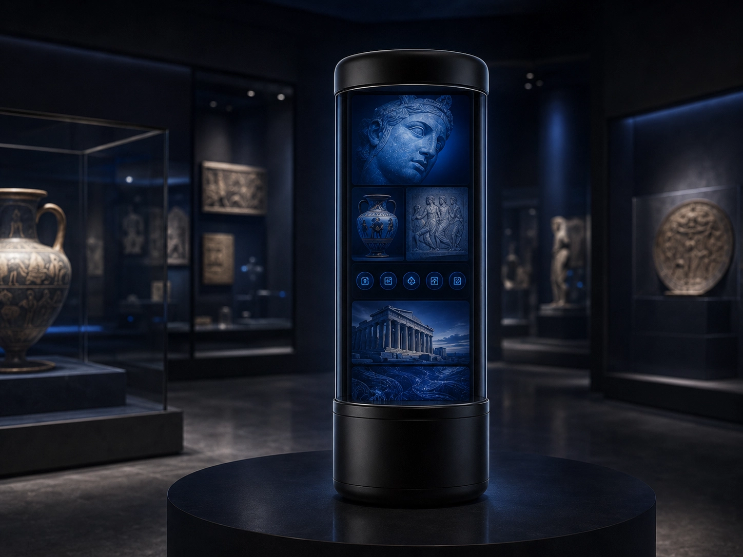 Cylindrical interactive display presenting museum artifacts and heritage content.
