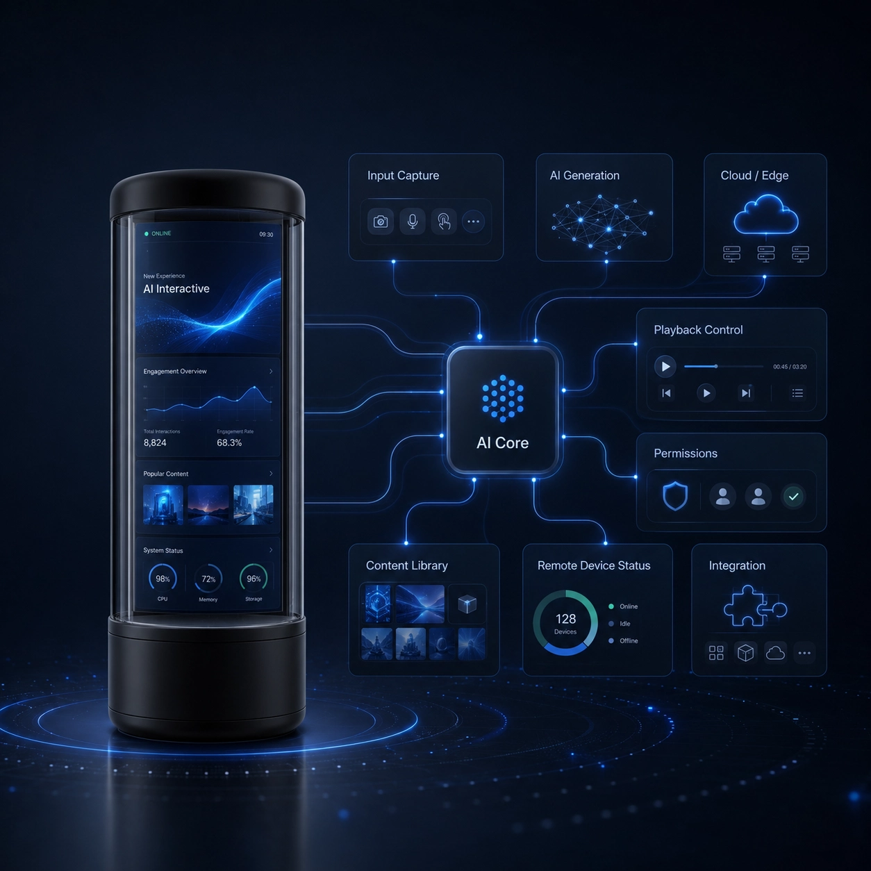 Operator dashboard for content, device status and account controls.