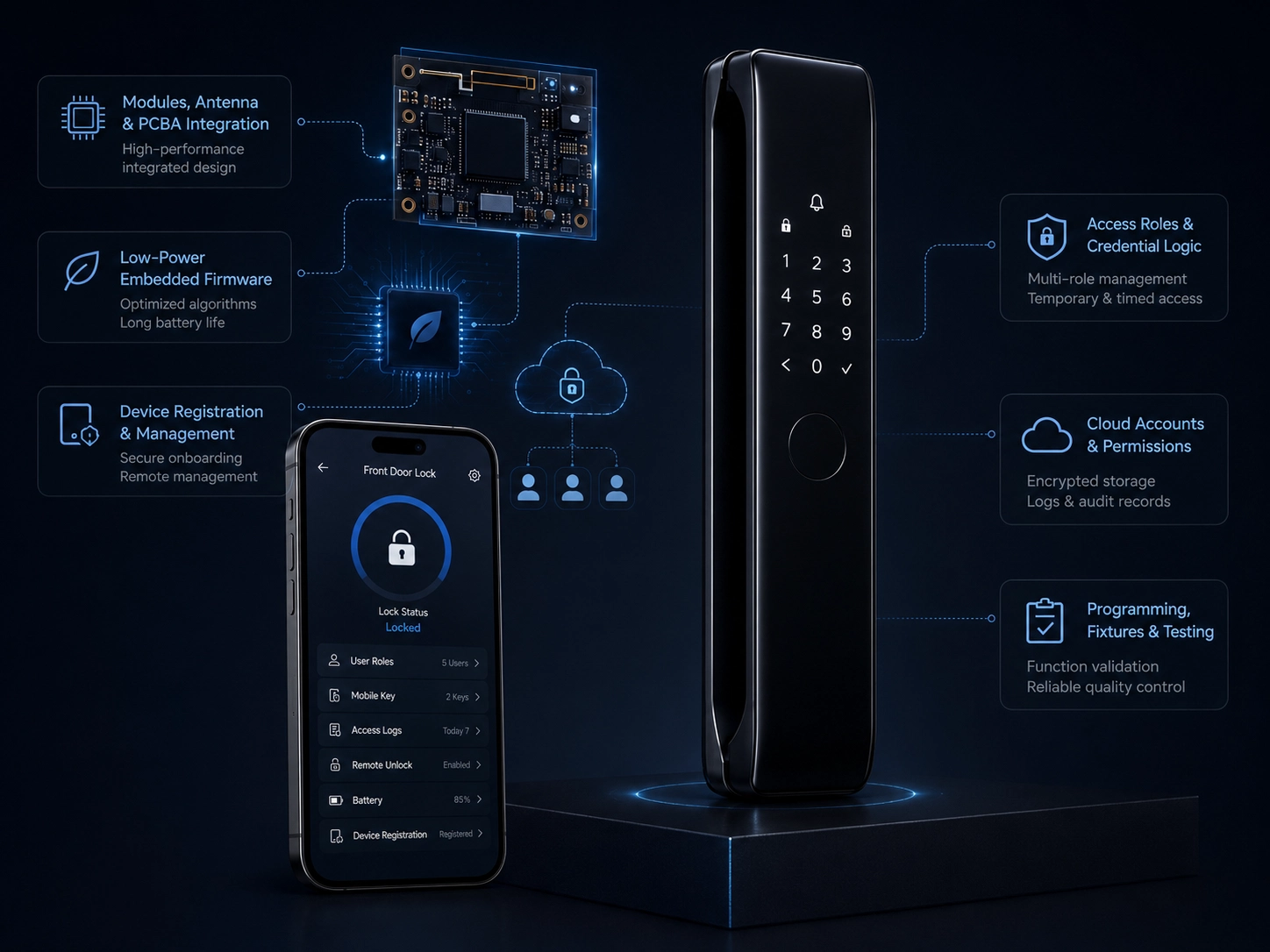 Smart lock topology connecting the lock, mobile app, cloud service and property-management dashboard.