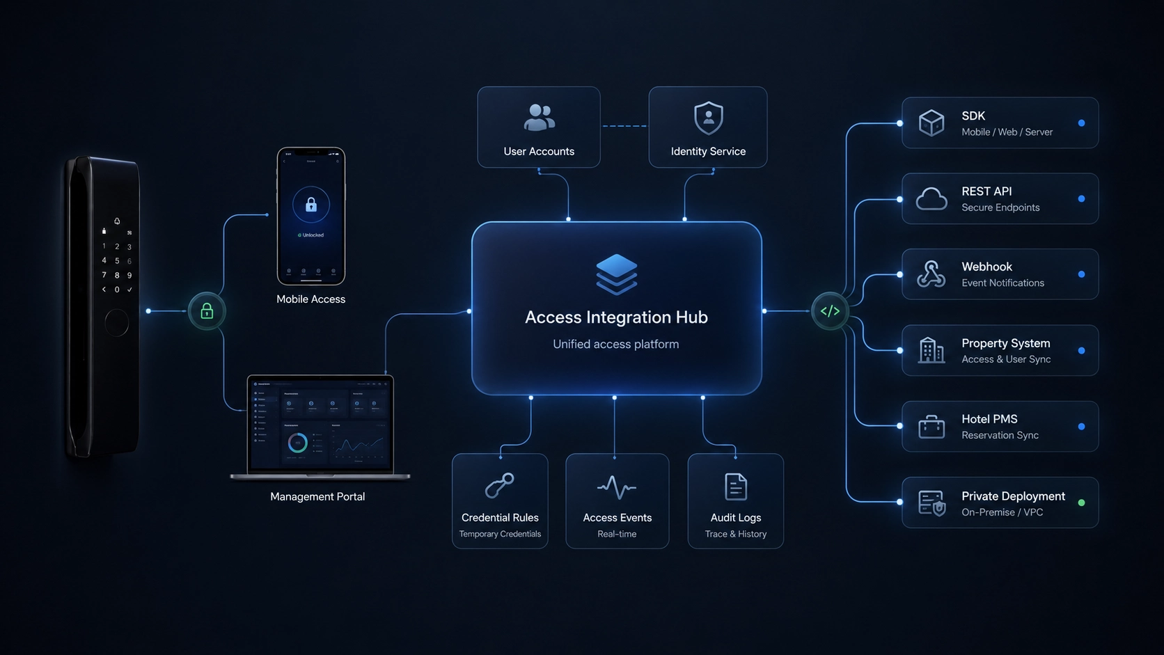 Smart lock architecture linking Bluetooth access, the mobile app, cloud accounts and the management portal.