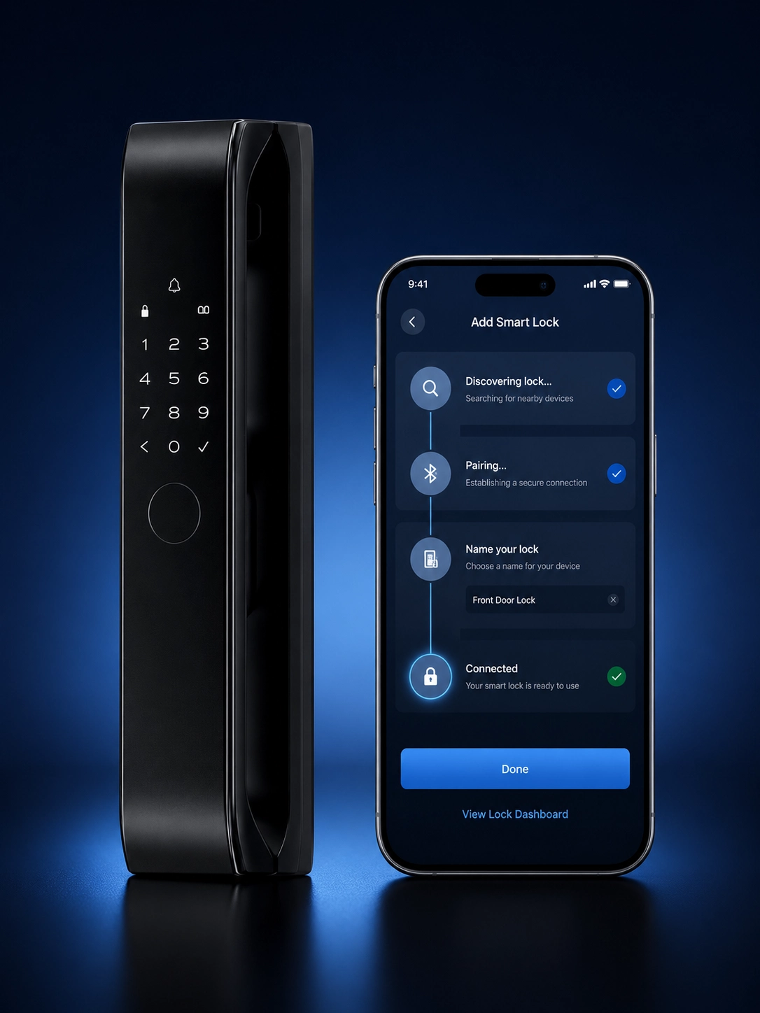 Smart lock beside a mobile app showing device discovery, Bluetooth pairing, naming and connection.