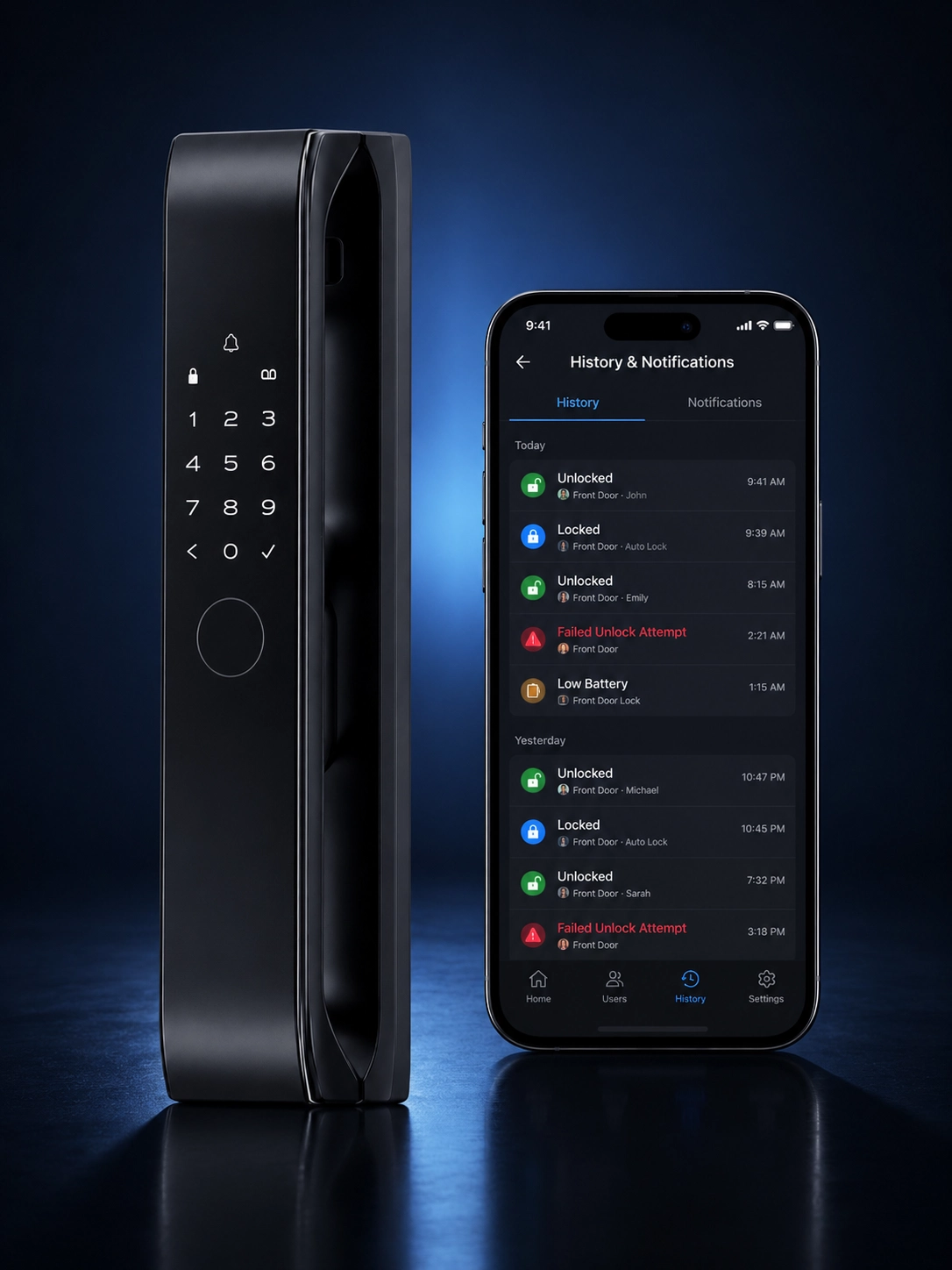 Smart lock beside a mobile app showing lock history, failed access attempts and low-battery notices.