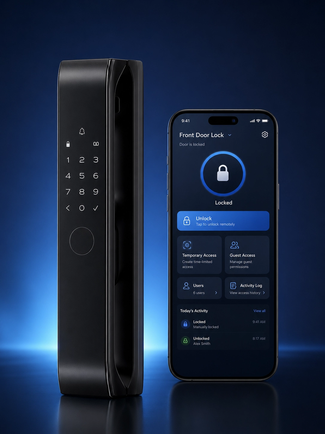 Smart lock beside a mobile dashboard with remote unlock, temporary access, guest access and recent activity.