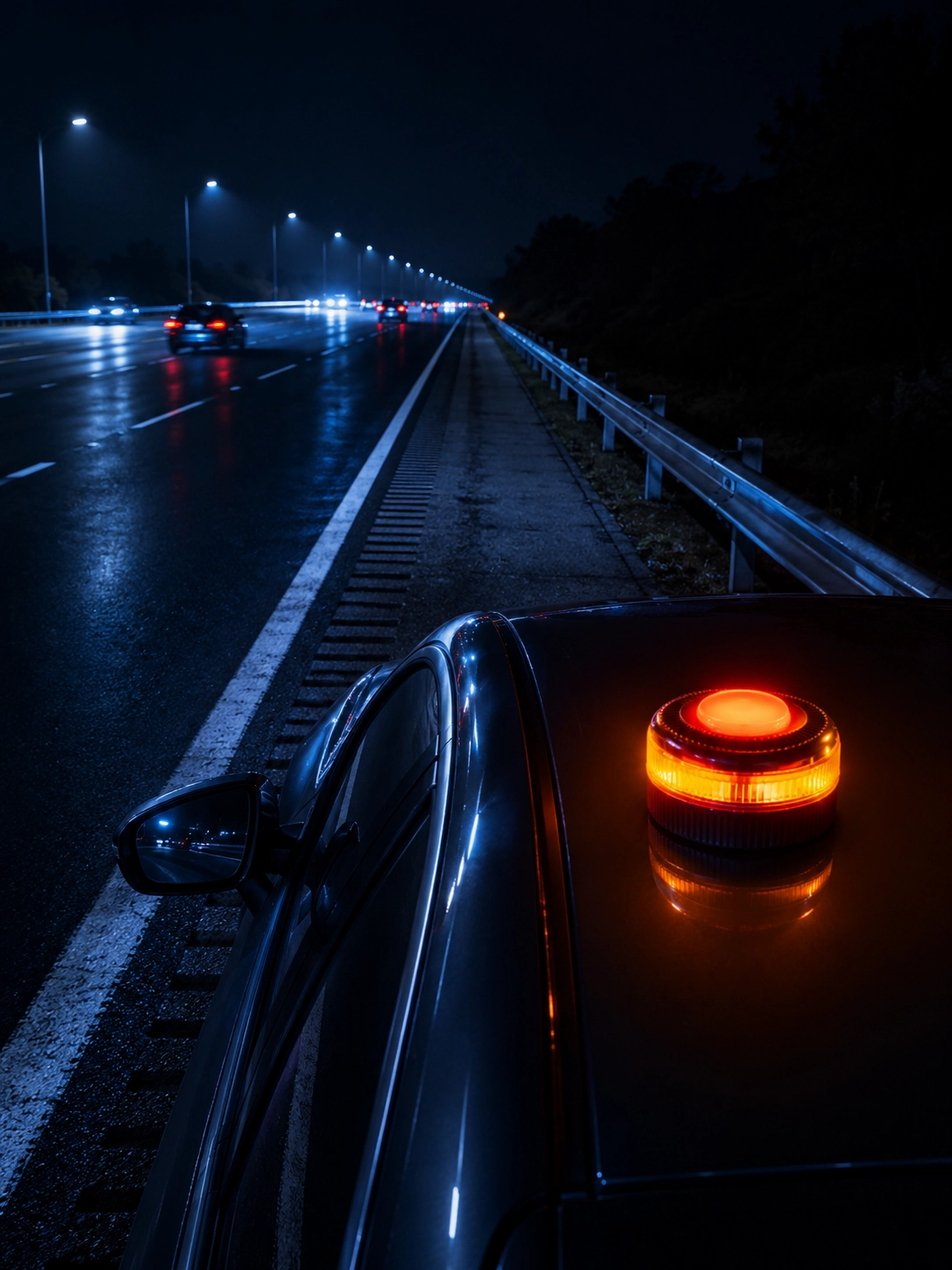V16 emergency warning light placed on a vehicle roof.