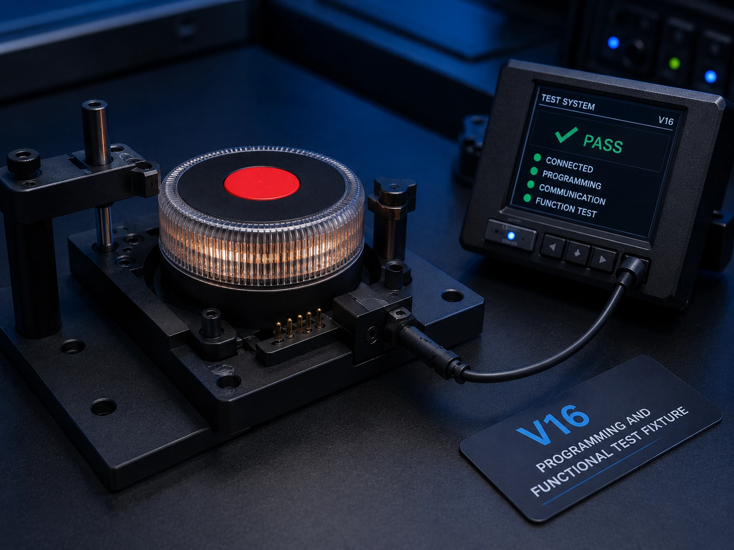 V16 programming and functional-test fixtures for light, GNSS and cellular checks.