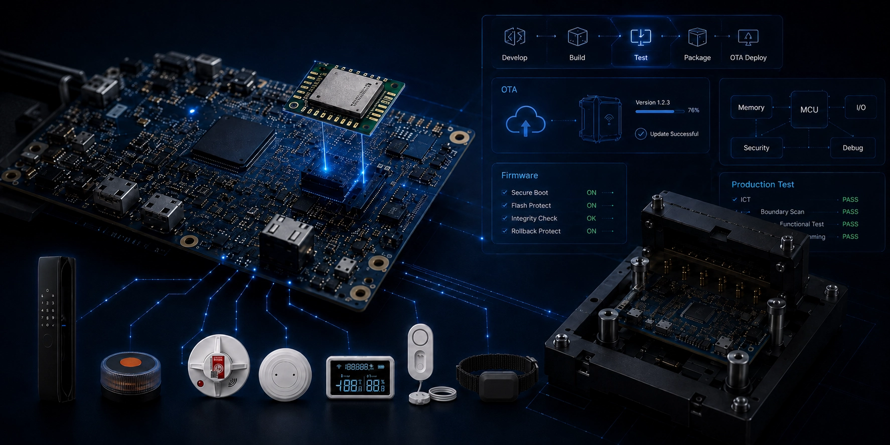 Embedded hardware board, module, firmware workflow and test fixture.