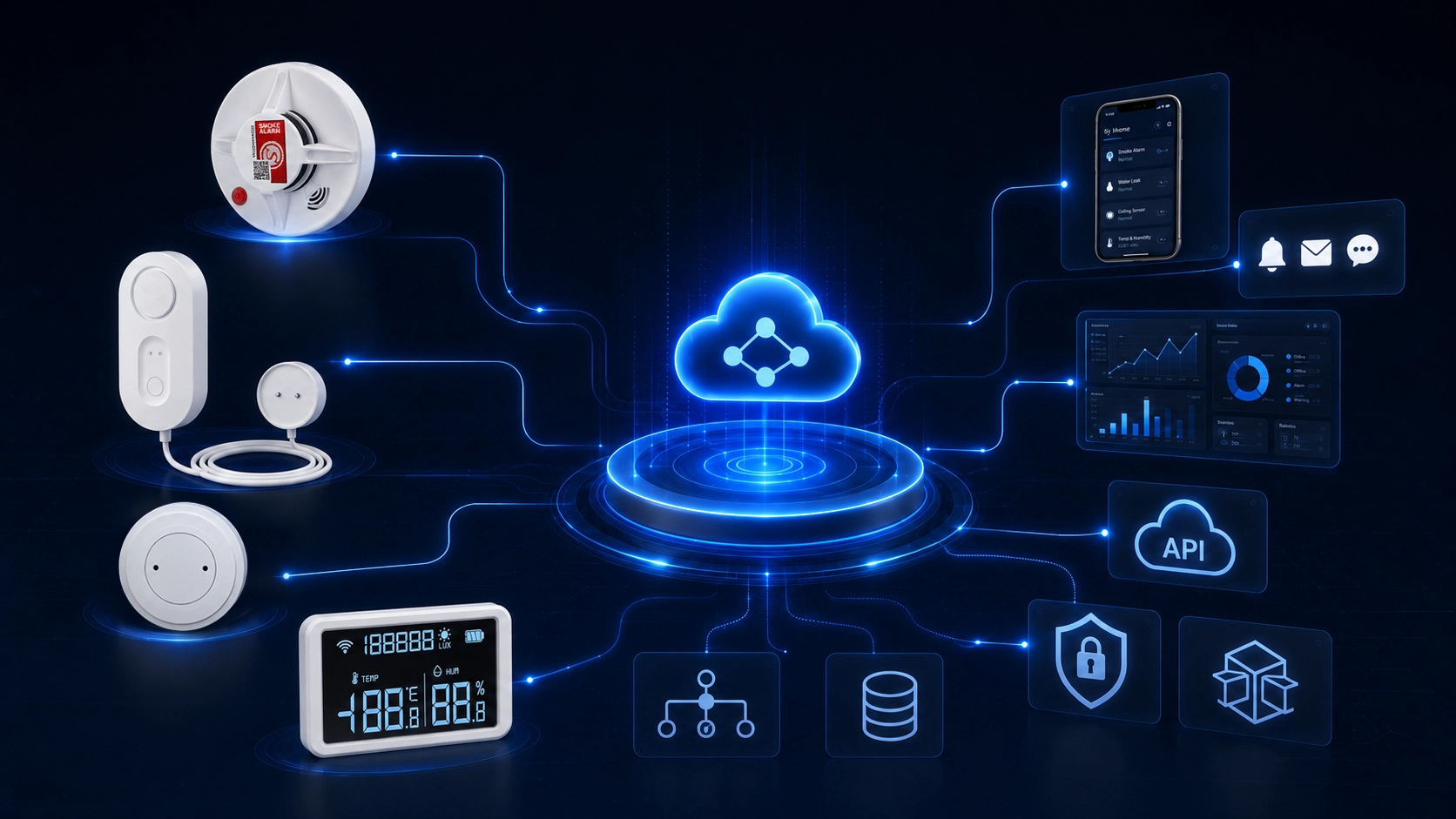 Alarm and detection architecture linking field devices, connectivity, alerts and the monitoring platform.