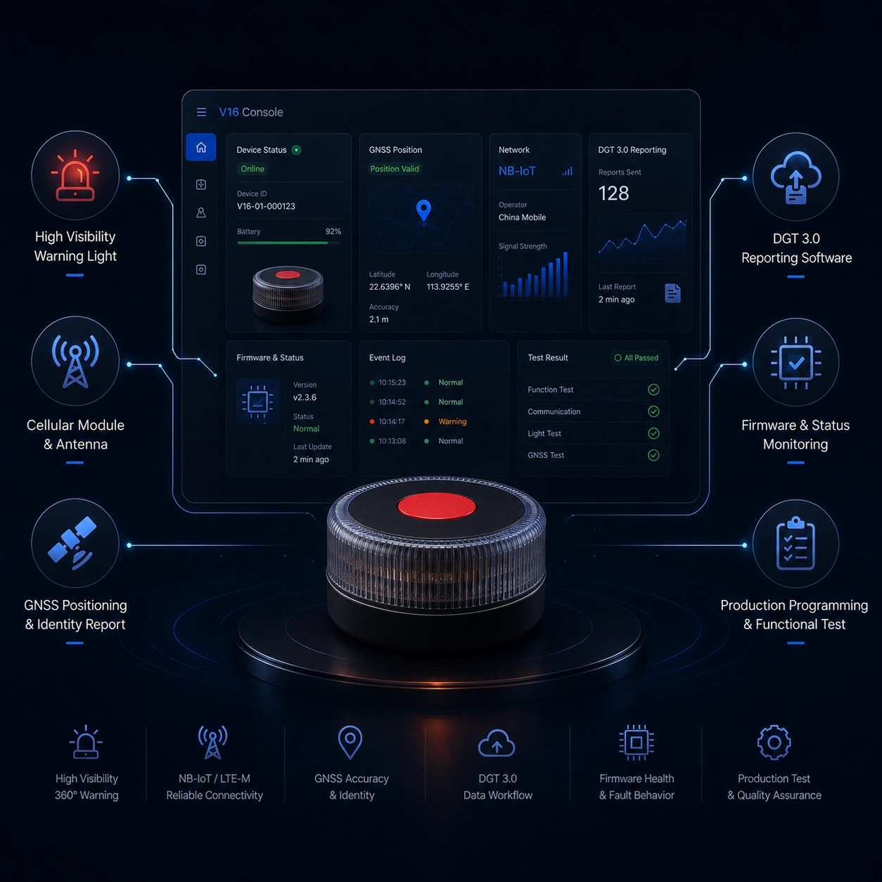 V16 reporting software dashboard for device registration, DGT data and production records.