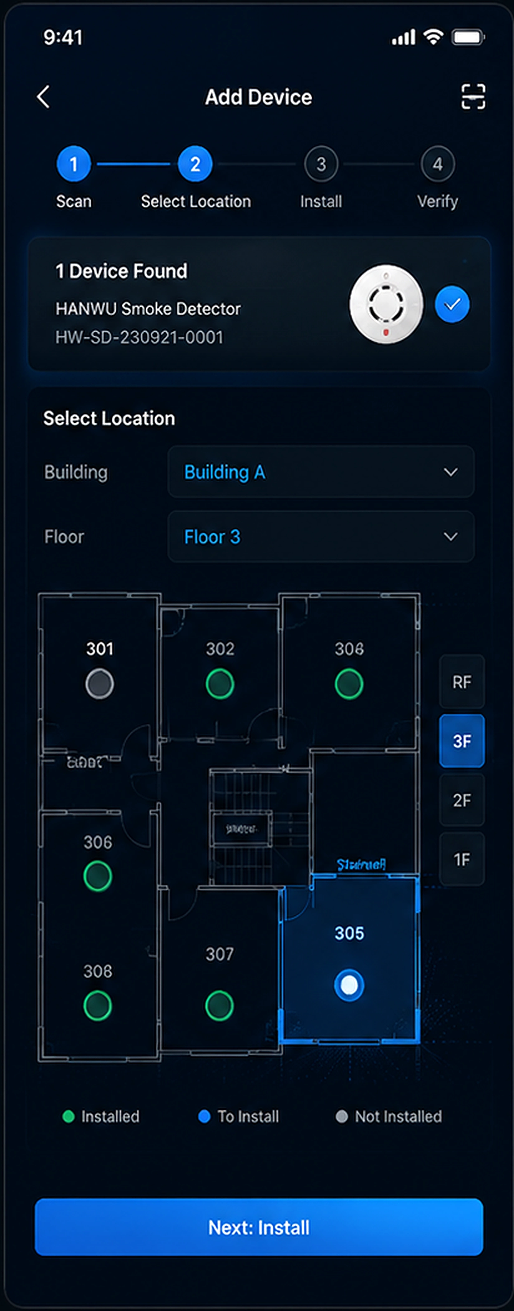 Sensor app installation and zone assignment screen