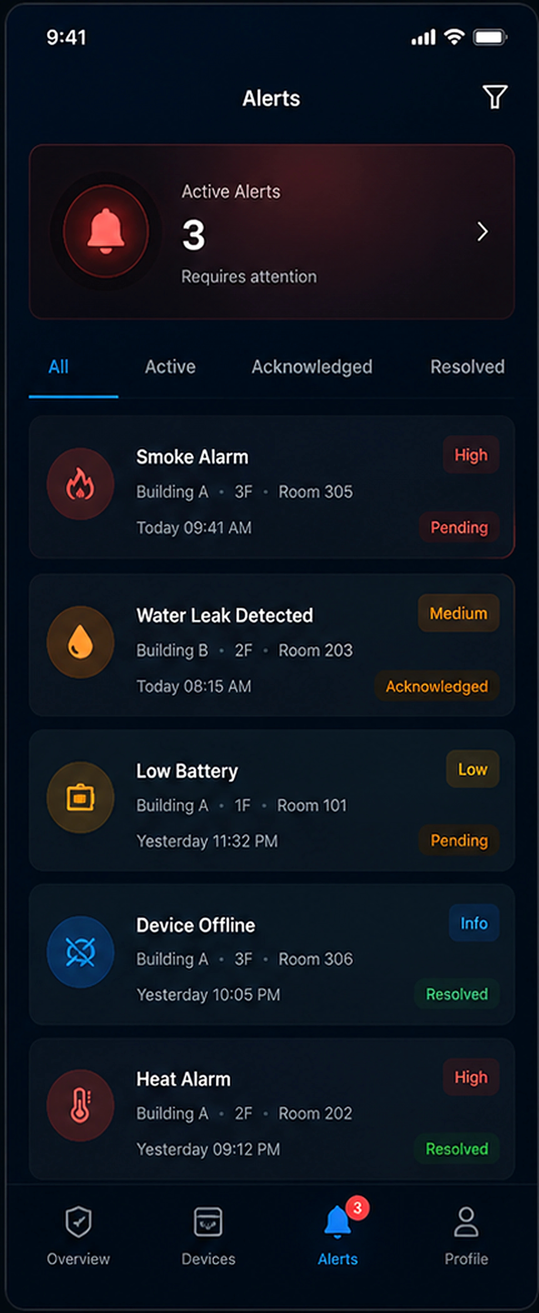 Sensor app alerts and notifications screen