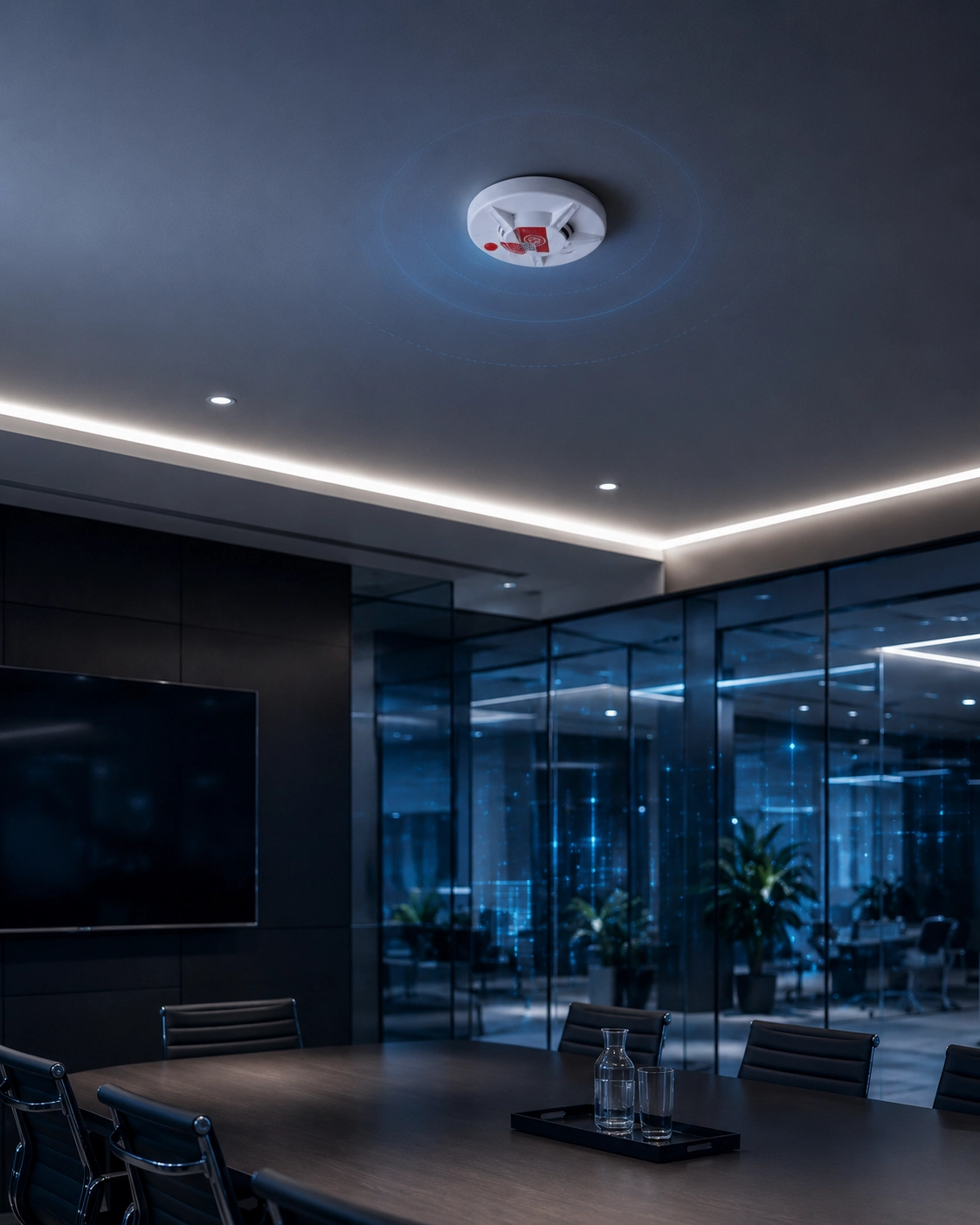 Ceiling-mounted smart alarm or detection device installed in a commercial room.